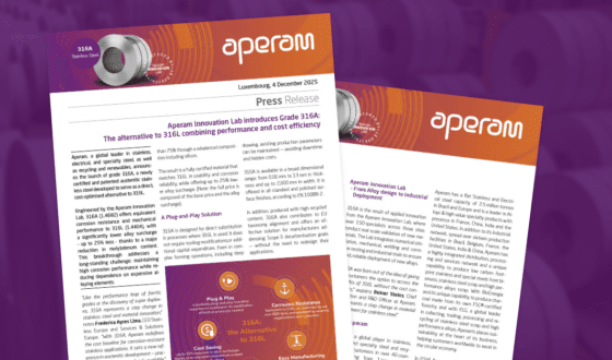 Aperam Innovation Lab introduces Grade 316A: The alternative to 316L combining performance and cost efficiency